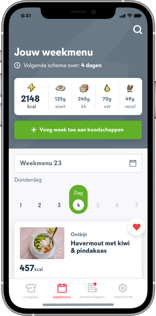 Mobiel scherm weekmenu