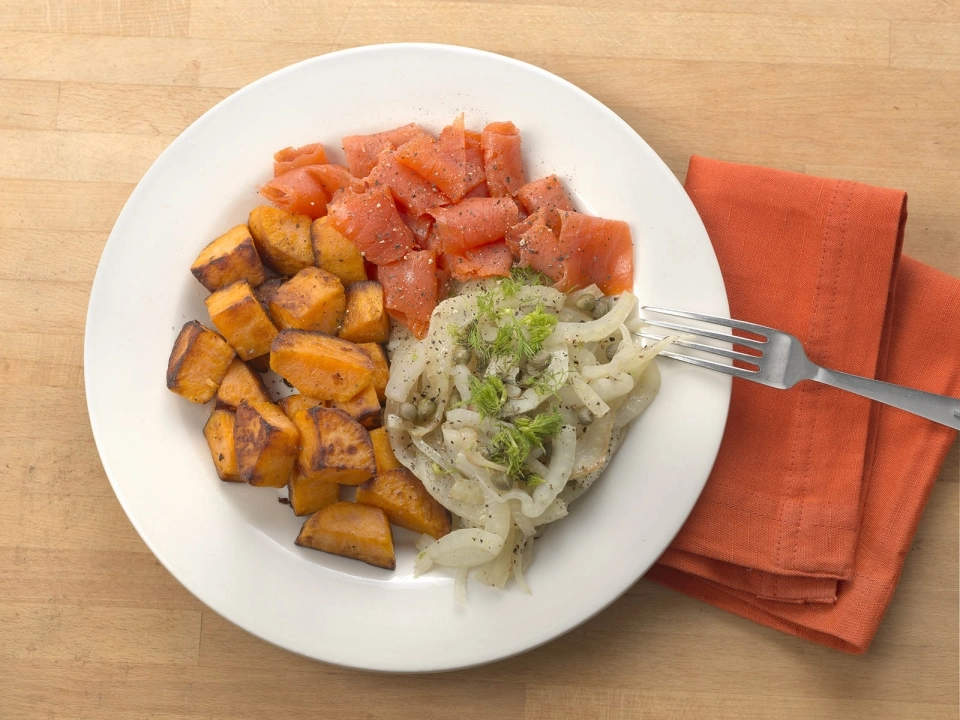 Venkel met zoete aardappel & gerookte zalm