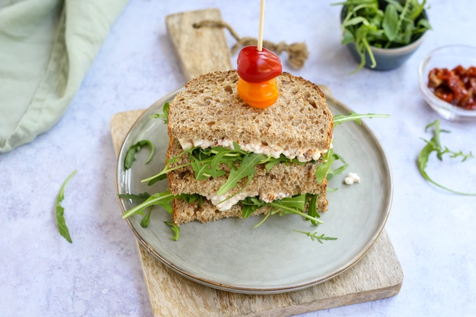 Sandwich met cottage cheese & zongedroogde tomaten