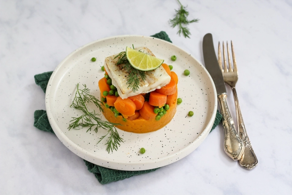 Zoete aardappelpuree met wortel, doperwten & koolvis