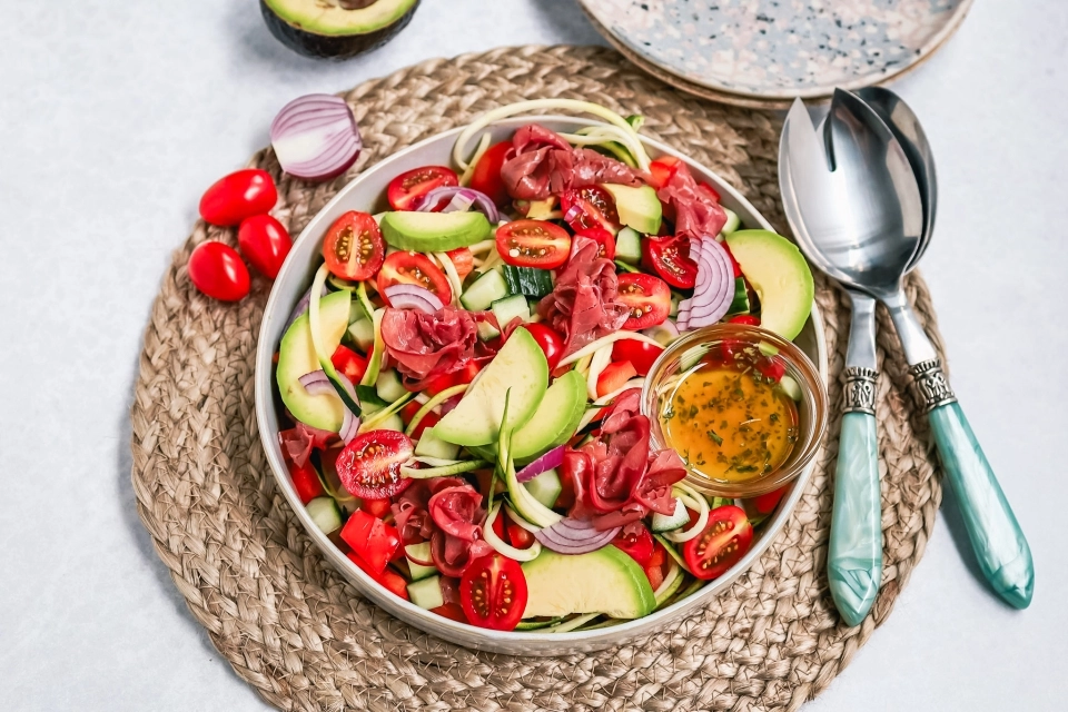 Courgetti salade met rookvlees & avocado