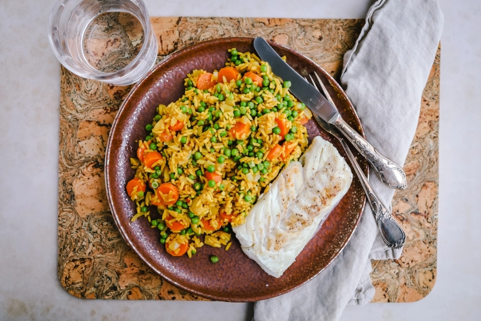 Kruidige rijst met kabeljauw