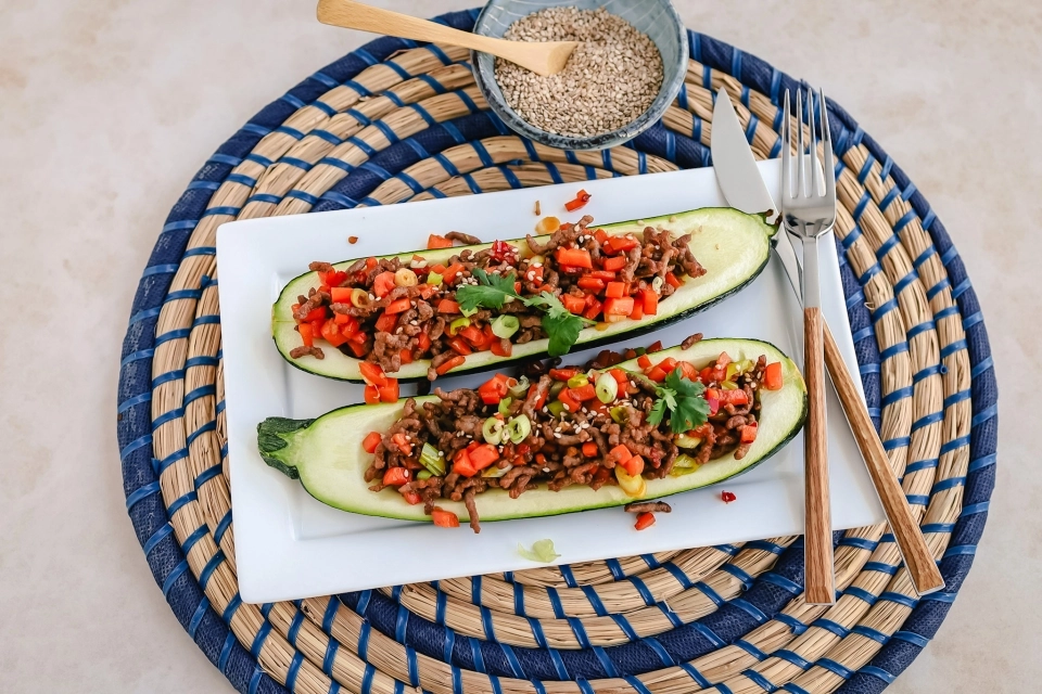 Courgette bootjes met pittig Aziatisch gehakt