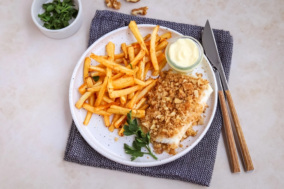 Kabeljauw met krokant korstje & pastinaak friet