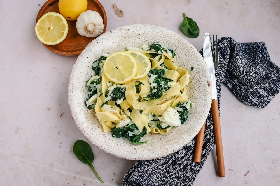 Pappardelle met romige spinazie & kabeljauw