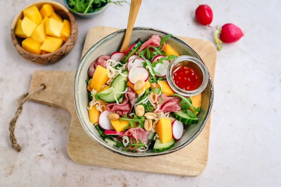 Noedelsalade met mango & rosbief