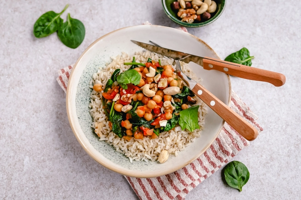 Rijst met groentesaus & noten