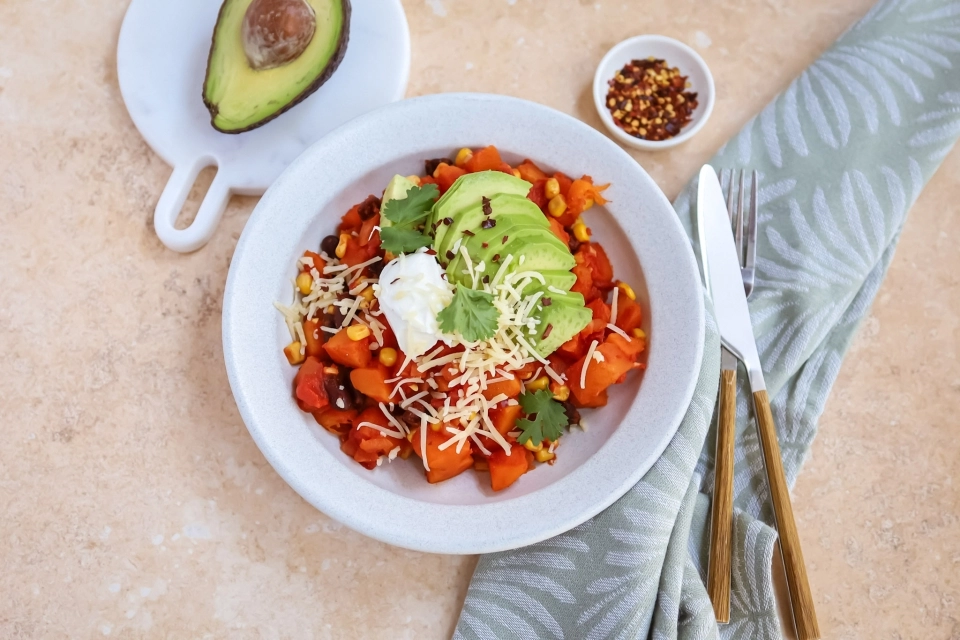 Chili sin carne met pompoen & avocado