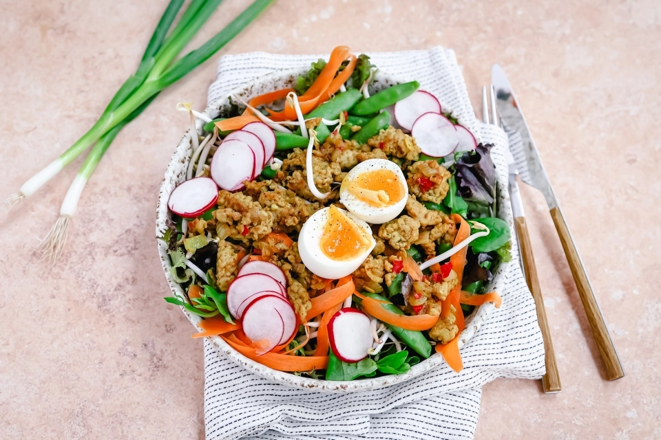 Salade met sugarsnaps & kruidig kipgehakt