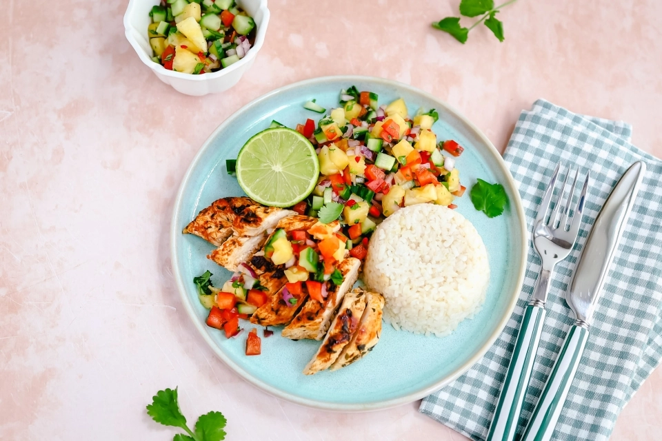 Rijst met kipfilet & ananas-komkommer salsa