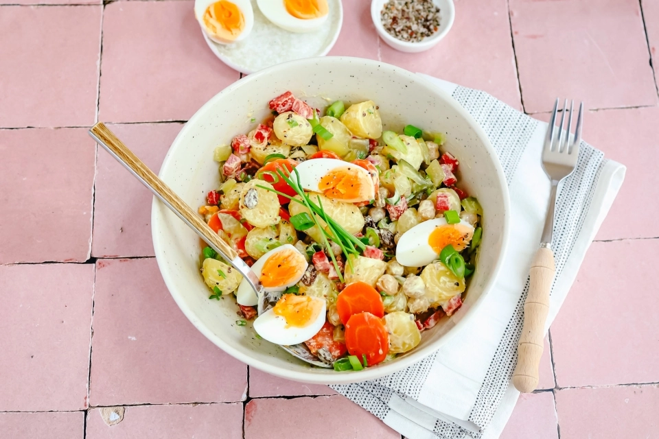 Aardappelsalade met kerrie, kikkererwten & ei